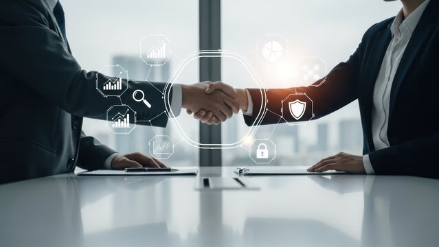 Businesspeople shake hands with graphic icons overlayed, symbolizing partnership