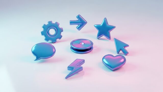 Collection of shiny blue 3D icons on a white reflective surface