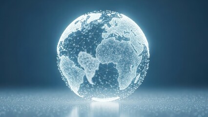 Dotted globe, continents, digital network, ethereal glow, blue background