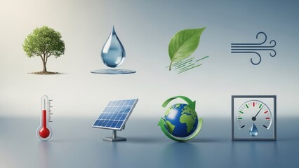 Eco concepts tree, water drop, leaf, wind, thermometer, solar panel, earth, gauge