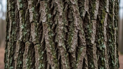 Obraz premium Detailed close-up of a tree trunk's rough, textured bark with mossy green patches