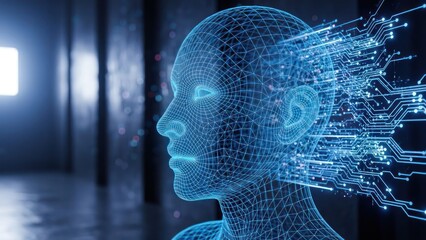 Digital human head made of wireframe, with flowing electrical connections