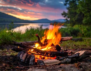 Blazing campfire on a peaceful evening beside a tranquil lake at sunset
