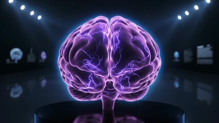 Floating holographic brain pulses. Neural sparks trace neuron pathway. Hologram glows on pedestal under spotlight. Concept of ai and neuroscience displayed. Futuristic technology and cognition - Powered by Adobe