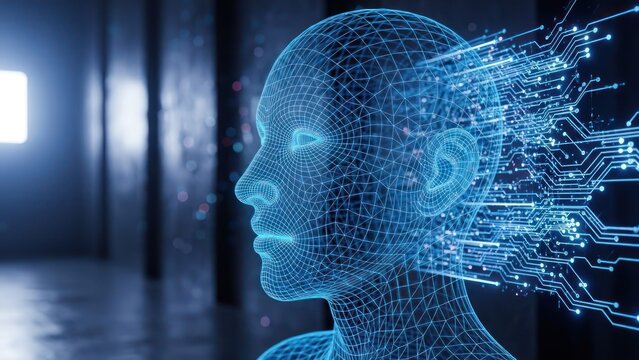 Digital human head made of wireframe, with flowing electrical connections