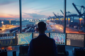 Logistics manager monitoring port operations at dusk