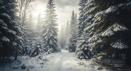 Snowy forest path with tall evergreen trees covered in snow on a cloudy winter day scene outdoors ai generated