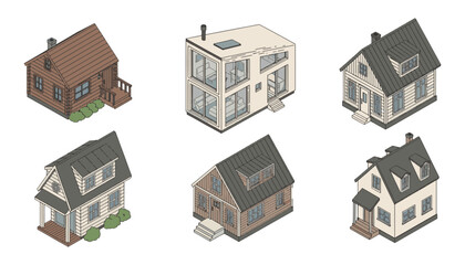Isometric Tiny Houses and Cabins Collection — Diverse Architectural Styles Vector Set for Games, Maps, and Real Estate Design