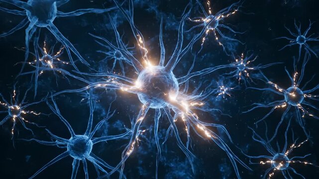 Neuron connects in glowing neural network. Synapse transmits electric signal and impulse. Axon and dendrite form complex connection. Neural structure floats with blue glow. For medical research now.