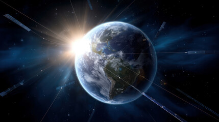 A space satellite with solar panels, rotating around the Earth against the background of the Sun. The concept of an alternative energy source, energy saving, careful attitude to our planet Earth