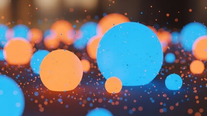 Glowing blue/orange spheres levitate amidst smaller dust particle peers