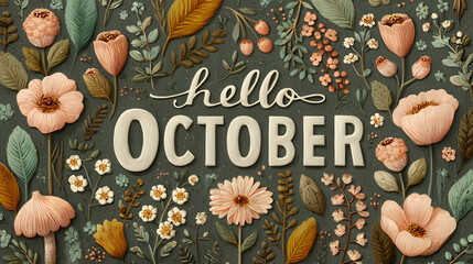 October month illustration background with pastel colors drawing with written Hello October to celebrate start of the month