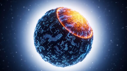Futuristic sphere with glowing top; circuit details, space backdrop