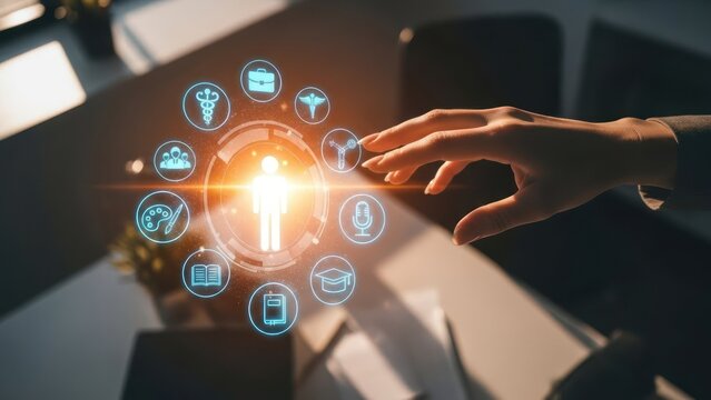 Glowing figure surrounded by icons, hand reaching - Powered by Adobe