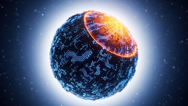 Futuristic sphere with glowing top; circuit details, space backdrop