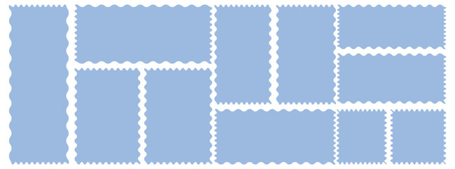 Blue postage stamps set. Post stamp frames and borders. Set of frames with zigzag edge, scallop edge shape. Frames Scalloped Vector Corrugated Bento Grid Shapes Set.