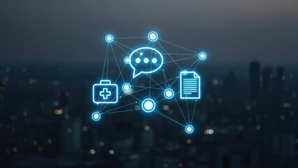 Luminous network icons over blurred city backdrop, medical and communication