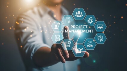 Man touching "Project Management" interface, glowing, with icons around text