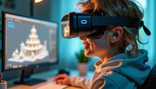 Child using virtual reality headset to explore 3D modeling on a computer in modern workspace
