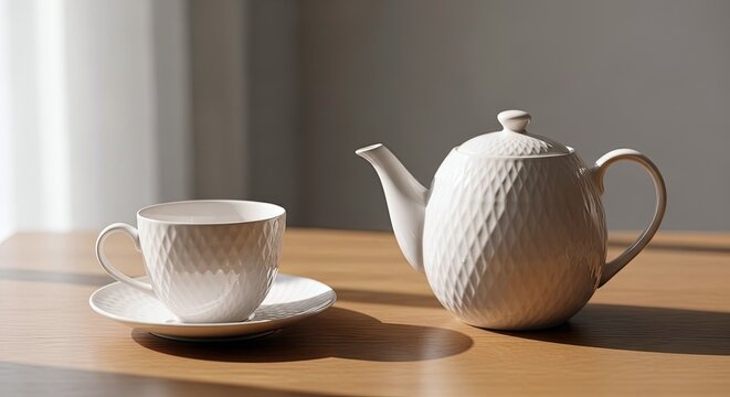 A white teapot and teacup with saucer sit on a wooden table, illuminated by sunlight streaming through a window. - Powered by Adobe