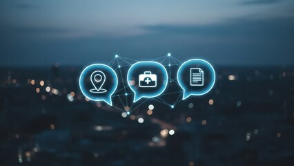 Medical icons glow over blurred city backdrop, connected by a network