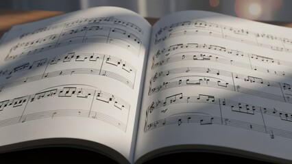 Open music book displays notes, score on table, bathed in warm light