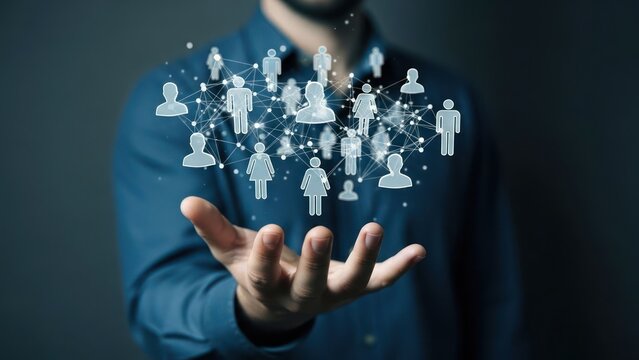 Man's hand displaying digital, interconnected human icons against dark backdrop - Powered by Adobe