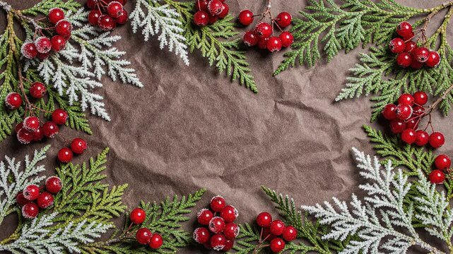 Christmas flatlay foliage frame winter visual detail isolated textured kraft paper background template