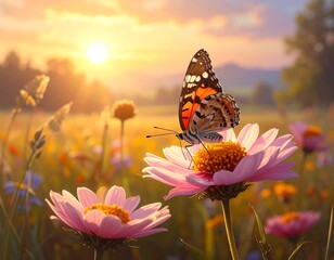 Butterfly resting gracefully on a pink flower during golden hour, nature's beauty