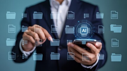 Business professional interacts with holographic artificial intelligence interface displayed above a handheld device for data management