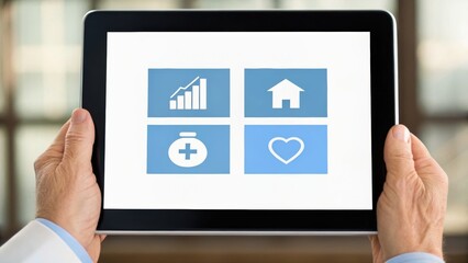 A person holding a tablet displaying four icons: a graph, a house, a money symbol, and a heart, suggesting a dashboard or app interface.