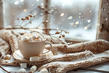 Hot chocolate with marshmallows by a snowy window