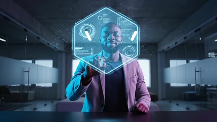 Man interacts with virtual touch interface. Businessman uses gesture to control hologram. Digital icon appears above desk in office. Futuristic technology highlights interactive control. Focus. - Powered by Adobe