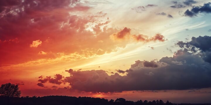 Vibrant gradient sunset sky with dramatic clouds and horizon