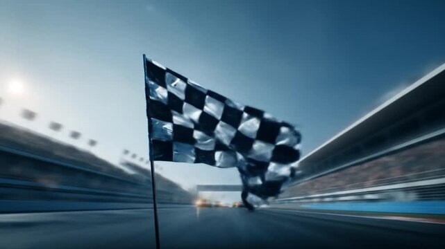 A blurred racetrack scene with a chequered flag in the foreground and speeding cars. under blue dusk