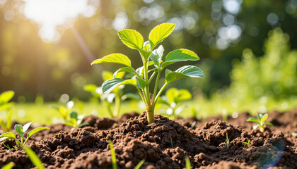 Young plant sprouting from soil in sunlight, environmental growth