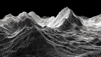 Abstract monochrome digital rendering of jagged mountain peaks illuminated by dramatic lighting against a dark void
