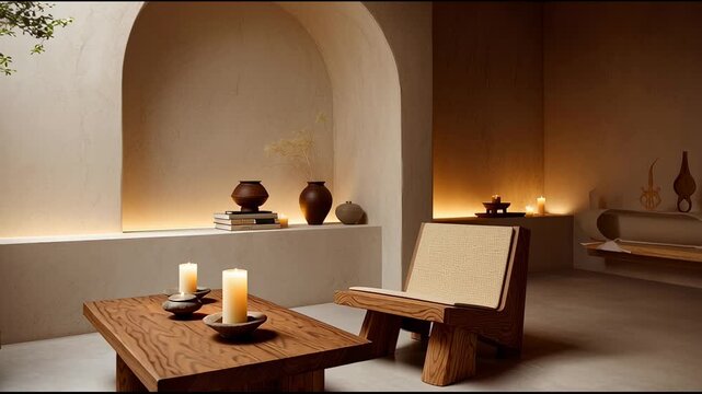 Minimalist wooden lounge with warm candlelit serenity
