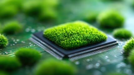 A vibrant green grass patch grows atop a microchip, symbolizing the intersection of technology and nature.