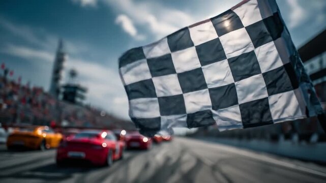 Checkered flag flies over a high-speed race scene as red cars surge along the track, under warm sun