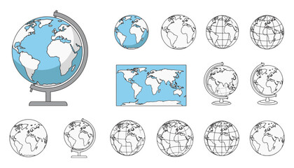 Earth Map and Globe Icon Collection — Planet Earth Vector Icons on Transparent Background for Education, Infographics, and Global Projects