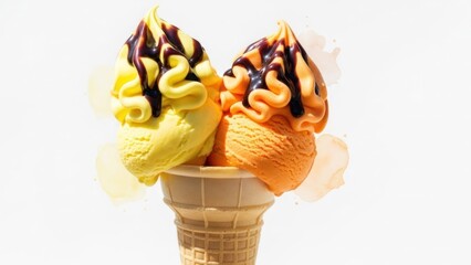 Two scoops ice cream, yellow, orange, chocolate sauce, waffle cone
