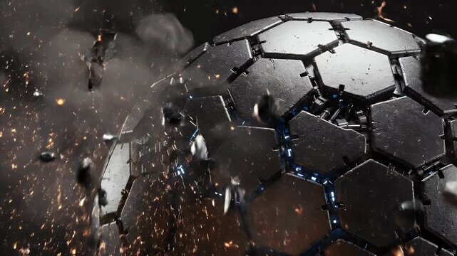 An armored hexagonal shell exploding with sparks
