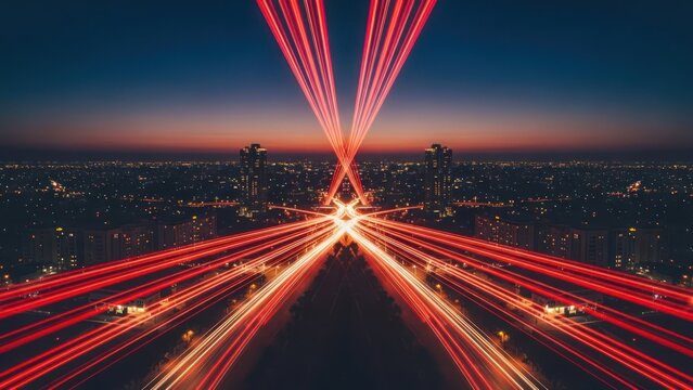 Symmetrical city nightscape with blurred red light trails converging above the skyline - Powered by Adobe