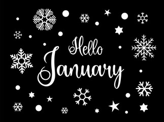 Handwritten, hello January, lettering message. December welcome quote. Modern lettering. Design for cards, banners, posters.  © Natalya
