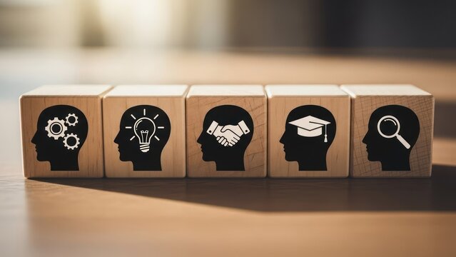 Wood blocks show human head silhouettes w/ gears, bulb, handshake, grad cap, magnifying glass