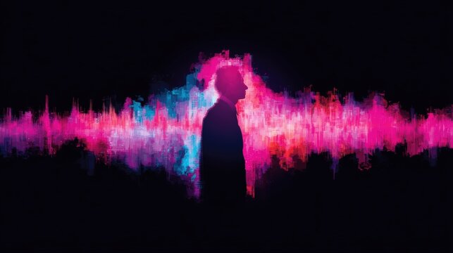 A vibrant silhouette against colorful sound waves, representing the intersection of music and emotion in a dynamic, abstract design.