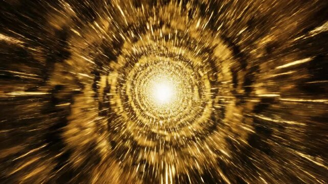 Abstract flow of bright yellow particle energy reversing direction abruptly and then accelerating rapidly through a complex dark tunnel motion graphics, technology, particles