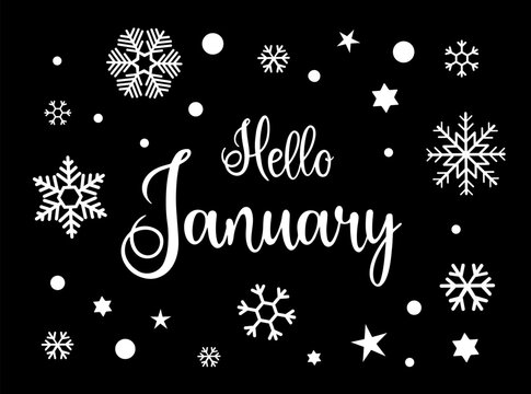 Handwritten, hello January, lettering message. December welcome quote. Modern lettering. Design for cards, banners, posters.	