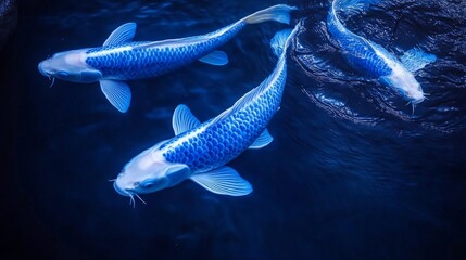 Fototapeta premium Three blue koi fish swimming in the water, one of them is large and elongated with white scales on its body, and two smaller ones behind it, all floating together. The background color should be dark 